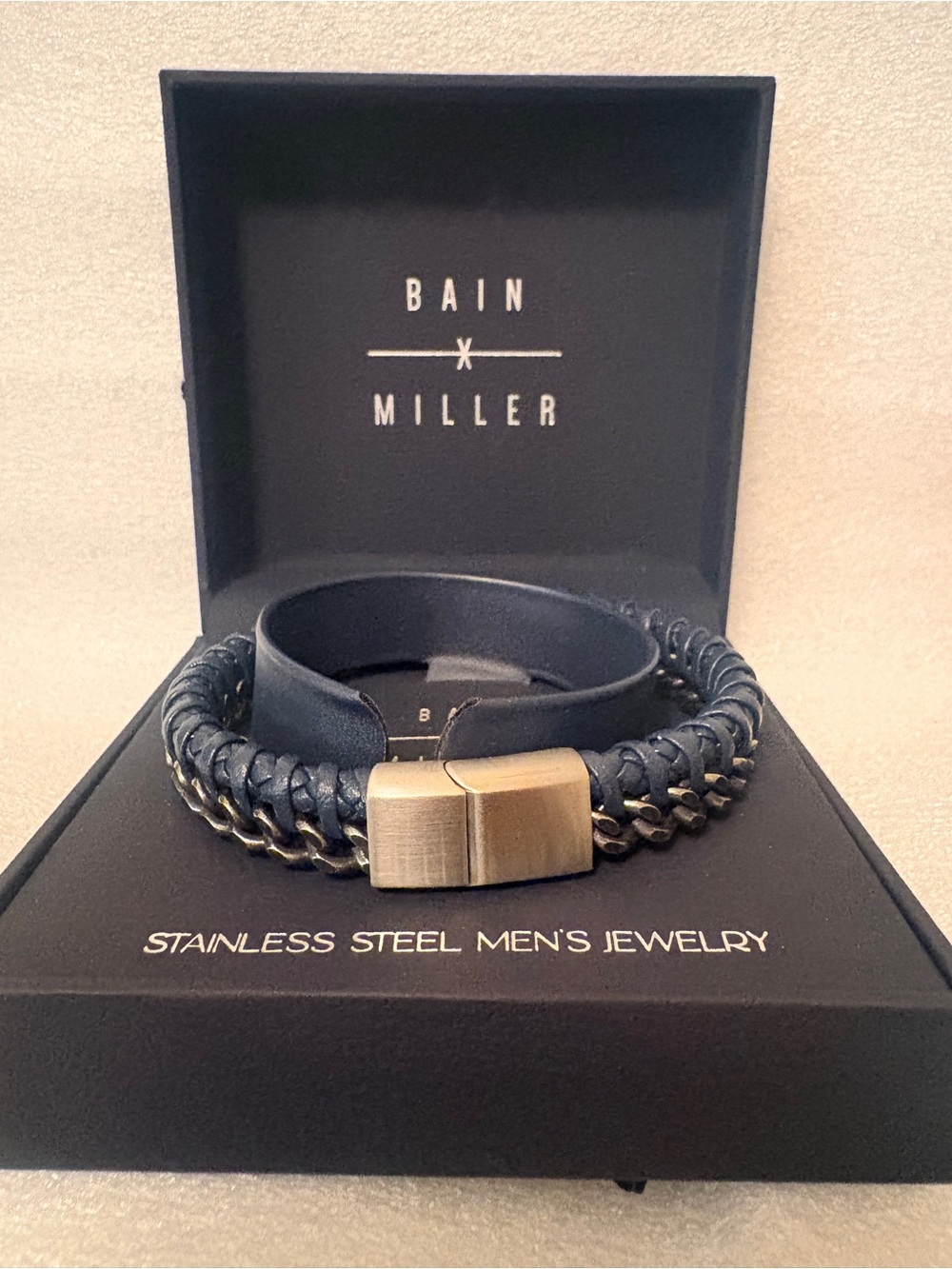 Bain x Miller Men’s Stainless Steel Navy Leather Woven Chain Bracelet Box